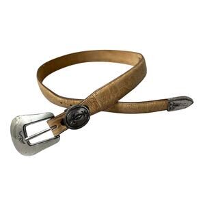 Vtg Justin Leather Belt Womens Size 30 Tan Floral Western Silver Buckle Tip